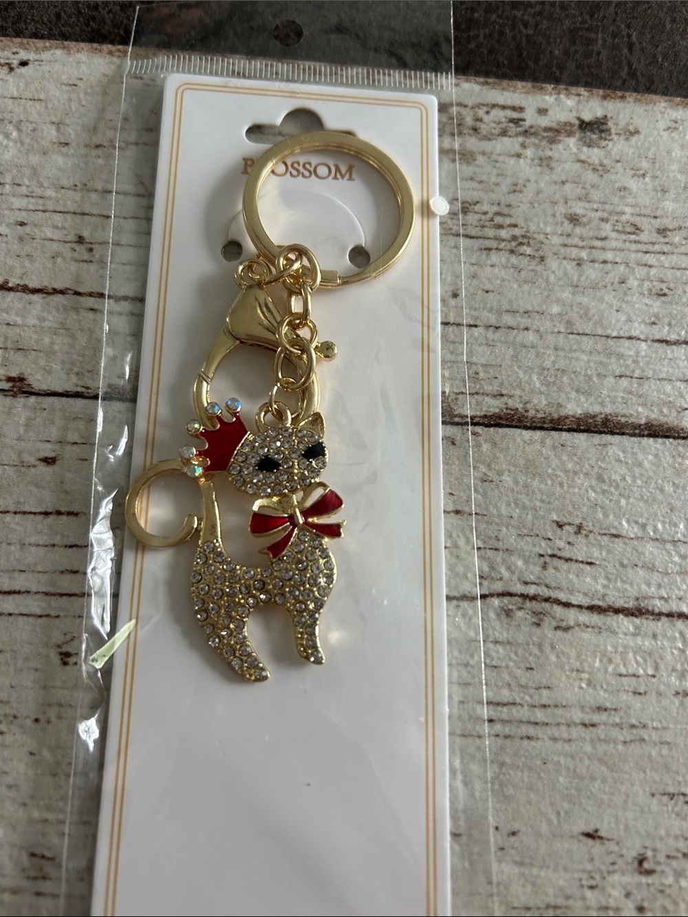 5/)25 Blossom Gold Crystal Cat Keychain with Red Bow - Kids Accessory